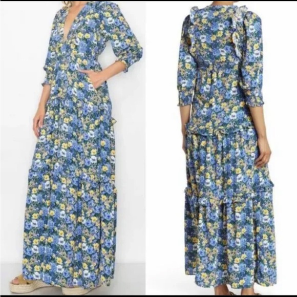 Code x Mode Maxi Blue Floral Dress size XS Puff Sleeves Elastic Waist V-neck - Picture 2 of 12